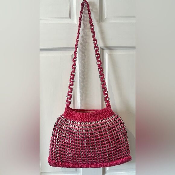 Crocheted Purse Recycled Soda Pop Tops Bag Upcycled Pink and Silver - Picture 7 of 9